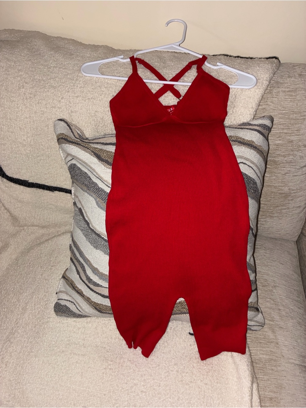 Women’s Red Ribbed Jumpsuit with Crisscross Back
